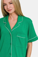 Hazel Blues® | Zenana Button Down Short Sleeve Top and Shorts Lounge Set
