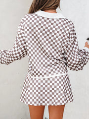 Hazel Blues® | Checkered Print Polo Collar Cropped Long Sleeve Top and Drawstring Mini Skirt Set