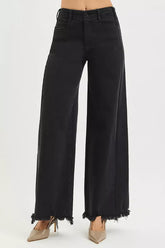 Hazel Blues® | RISEN Tummy Control High Rise Palazzo Leg Frayed Hem Jeans