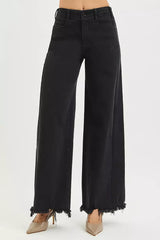 Hazel Blues® | RISEN Tummy Control High Rise Palazzo Leg Frayed Hem Jeans