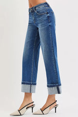 Hazel Blues® | RISEN Mid Rise Ankle Straight Jeans with Cuffed Hem