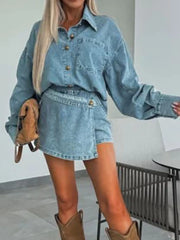 Hazel Blues® | Button-Front Shirt and Mini Skirt Oversized Denim Set