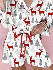 Hazel Blues® | Christmas Fashion Print Velvet Trim Top and Shorts Pajama 2pcs Set