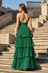 Dark Green A-Line Tiered Floor Length Chiffon Bridesmaid Dress
