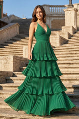 Dark Green A-Line Tiered Floor Length Chiffon Bridesmaid Dress
