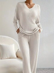 Hazel Blues® | Ribbed Knit V-Neck Top and Pants Set