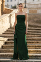 Dark Green - Mermaid Strapless Satin Pleated Long Prom Dress with Slit