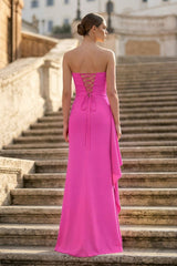 Fuchsia - Mermaid Strapless Satin Pleated Long Prom Dress with Slit