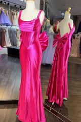 Fuchsia Square Neck Satin Mermaid Formal Gown with Bow