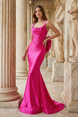 Fuchsia Square Neck Satin Mermaid Formal Gown with Bow