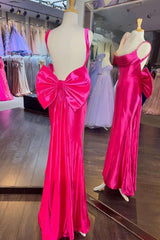 Fuchsia Square Neck Satin Mermaid Formal Gown with Bow