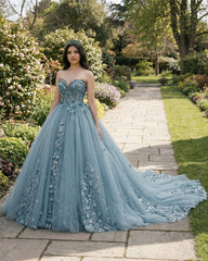 Dusty Blue Sweetheart Ball Gown Quinceanera Dress With 3D Flowers