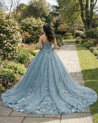 Dusty Blue Sweetheart Ball Gown Quinceanera Dress With 3D Flowers