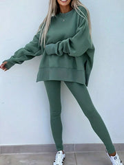 Hazel Blues® | Solid Color Oversize Slit Sweatshirt and Ribbed Leggings 2pcs Set