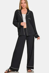 Hazel Blues® | Zenana Button Down Long Sleeve Top and Pants Lounge Set
