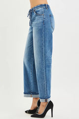 Hazel Blues® | RISEN Elastic Band Slouch Ankle Boyfriend Cuffed Hem Jeans