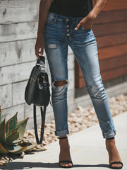 Hazel Blues® | Distressed Button-Fly Skinny Jeans