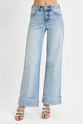 Hazel Blues® | RISEN Tummy Control High Rise Ankle Wide Cuffed Jeans