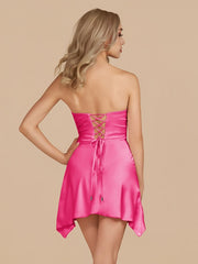 Fuchsia - Strapless Sheath Irregular Hem Satin Short Homecoming Dress