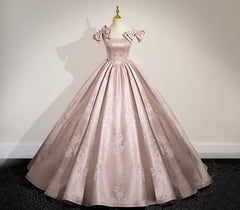 Elegant Ball Gown Pink Beaded Floral Appliques Quinceanera Dress