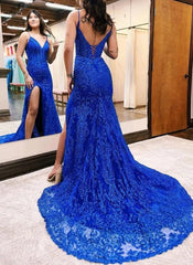 Elegant Long Mermaid Royal Blue Spaghetti Straps Sleeveless Lace Prom Dress With Slit