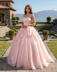 Elegant Shiny Pink Organza Strapless Quinceanera Dresses