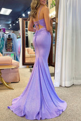 Glitter Lavender Beaded Lace-Up Mermaid Long Gown