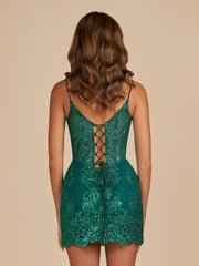 Dark Green - Bodycon V Neck Sequined Corset Mini Party Dresses