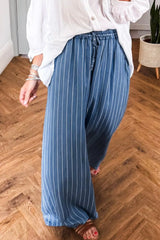 Hazel Blues® | Stripe Chambray Wide Leg Tied Elastic Waist Jeans