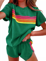 Hazel Blues® | Rainbow Striped Round Neck Top and Shorts Set
