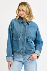 Hazel Blues® | RISEN Oversized Cargo Pocket Denim Jacket with Cuffed Sleeves