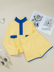 Hazel Blues® | Color Block Patchwork Half Button Top and Shorts 2pcs Set