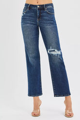 Hazel Blues® | RISEN High Rise Crop Slim Straight Jenas with Hidden Knee Patch