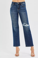 Hazel Blues® | RISEN High Rise Crop Slim Straight Jenas with Hidden Knee Patch