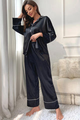 Hazel Blues® | Contrast Piping Button-Up Top and Pants Pajama Set