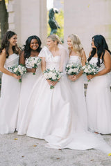 Elegant A-Line One Shoulder White Satin Wedding Dresses