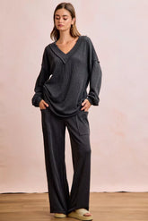 Hazel Blues® | BiBi Two Tone Cord Rib Contrast Stitching V-Neck Top and Pants Set