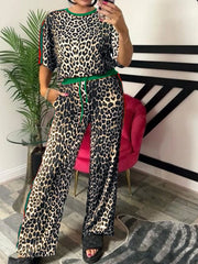 Hazel Blues® | Leopard Round Neck Top and Pants Two-Piece Set