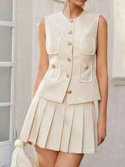 Hazel Blues® | Tweed Button-Front Vest and Pleated Skirt Set