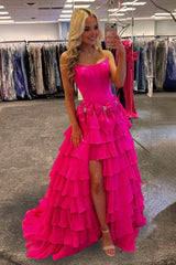 Fuchsia - Strapless A Line Chiffon Tiered Prom Dresses With Bowknot