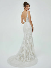 Floral Lace Appliques V Neck Sleeveless Mermaid Boho Wedding Dresses