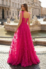 Fuchsia - Elegant A-line 3D Flower Tulle Prom Dress With Slit
