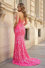 Fuchsia Strapless Sequins Lace Mermaid Prom Dresses with Slit