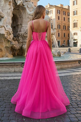Fuchsia Spaghetti Straps Sheer Bodice A-Line Long Prom Dress with Slit