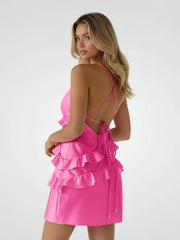 Fuchsia V-Neck Satin Sheath Homecoming Dress with Ruffles