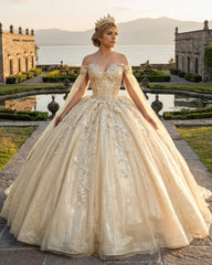 Glamorous Gold Off the Shoulder Glitter Tulle Quinceanera Dress