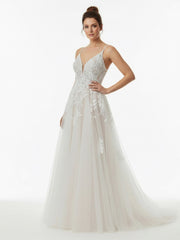 Glitter Ivory A-Line Spaghetti Straps Long Wedding Dress with Appliques