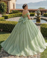 Glitter Off The Shoulder Beading Tulle Long Quinceanera Dresses