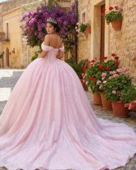 Glitter Off The Shoulder Pink Ball Gown Quinceanera Dresses