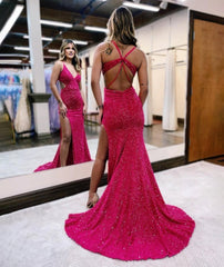 Glitter Red Mermaid Spaghetti Straps Cut Out Prom Dress with Slit
